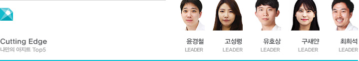 Cutting Edge 펜타브리더가 공유하는 나만의 아지트 Top5 윤경철 LEADER 고성령 LEADER 유호상 LEADER 구새얀 LEADER 최희석 LEADER