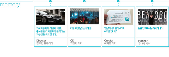 Director 김도형 본부리더 : 기아자동차의 첫번째 체험, 홍보관을 디지털로 만들었다는 자부심은 최고입니다., CD 기민혁 리더 : 다들 고생 많았습니다!!!!, Creator 이지훈 리더 : “안녕하세요 펜타브리드 이지훈 입니다”, Planner 우나리 리더 : 일은 입으로 하는 것이 아니다.