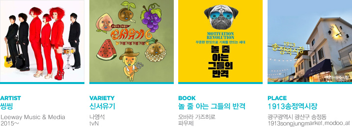 ARTIST ž(Leeway Music & Media 2015~), VARIETY ż( tvN), BOOK   ƴ ׵ ݰ(ٶ  Ŀ), PLACE 1913( 걸  1913songjungmarket.modoo.at)